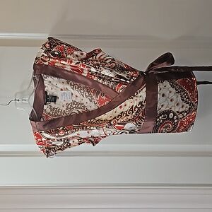 BCBGMaxAzria Red, Brown and Cream Printed Wrap Blouse